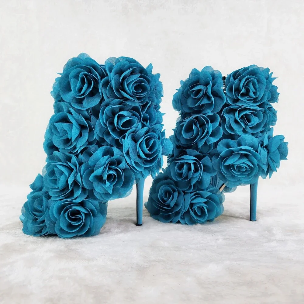 NIB Beauty 3D Flowers Floral High Heel Xoanna Elegant Ankle Boots Teal Blue - Picture 1 of 16